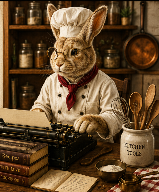 Chef rabbit at a vintage typewriter with kitchen tools, spice jars, cookbooks, and copper measuring cups