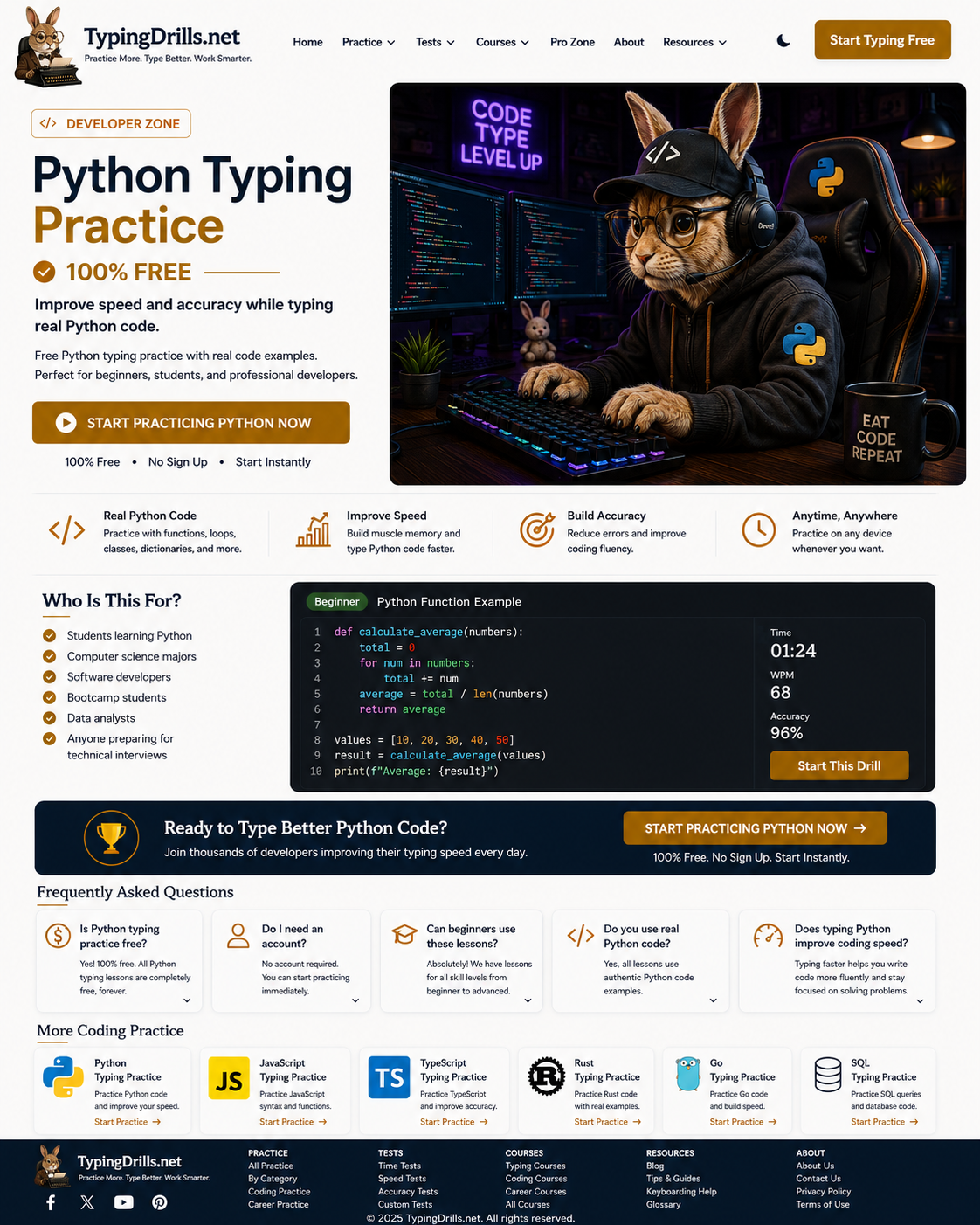 A pixel-art rabbit in a hoodie coding Python on a mechanical keyboard