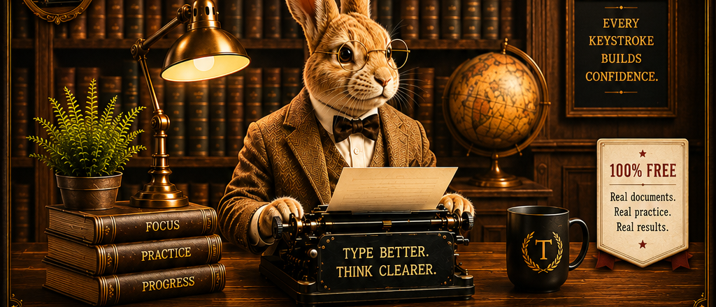 The TypingDrills Guide — a tweed-suited rabbit at a vintage typewriter in a warm library